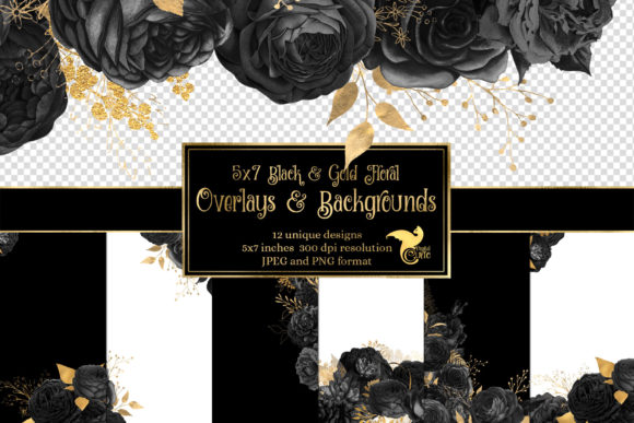 Download 5x7 Black and Gold Floral Overlays - Black Collection