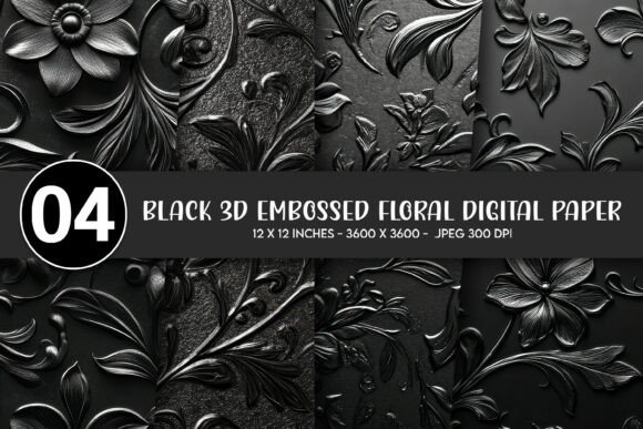 Download Black 3D Embossed Floral Digital Paper - Black Collection